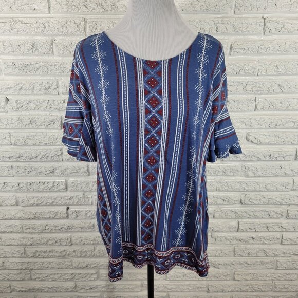 Westport Womens Top XL Flutter Ruffle Sleeve Blue Red Geometric GE0169E - Picture 1 of 10